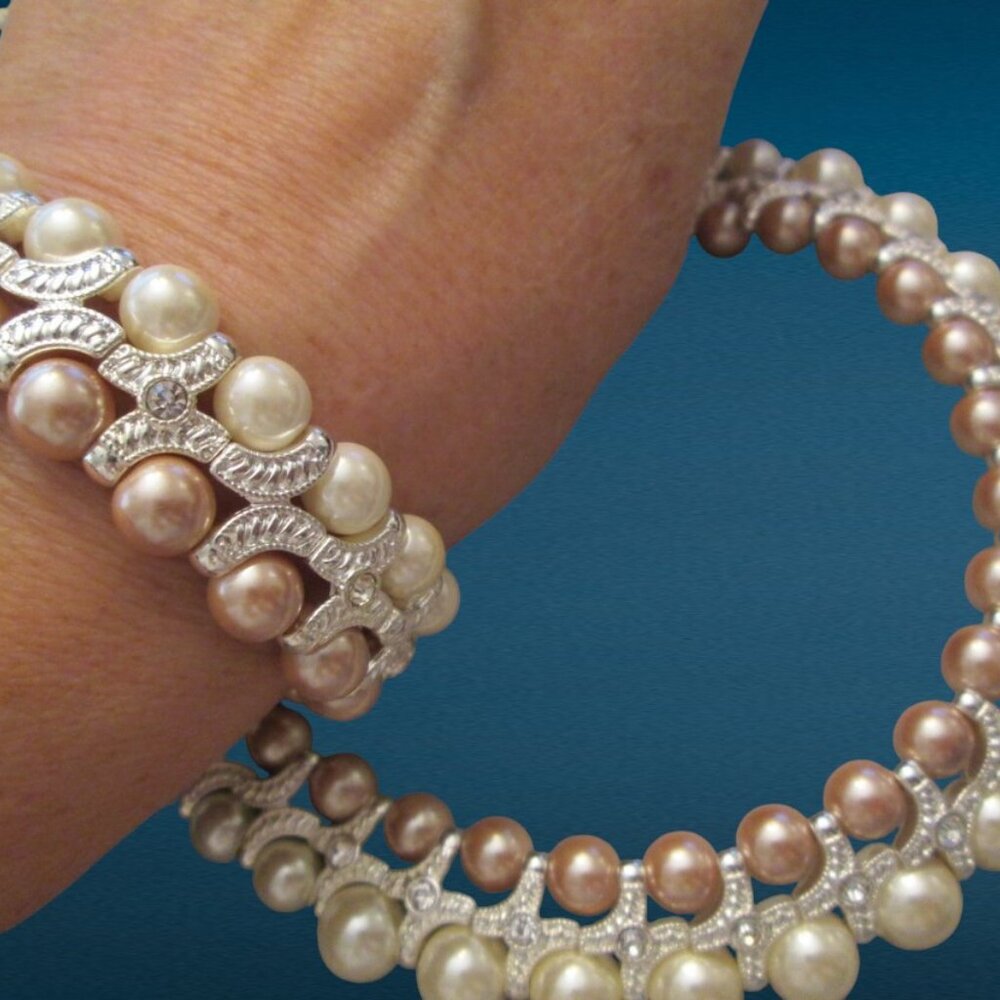 Vintage Retro Shofel Bros Signed SHB Faux Pearl Necklace Bracelet Set - Picture 4 of 8